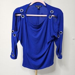 CABLE & GAUGE WOMAN S ROYAL BLUE TOP DOLMAN CAP COLD SHOULDER 3/4 SLEEVE